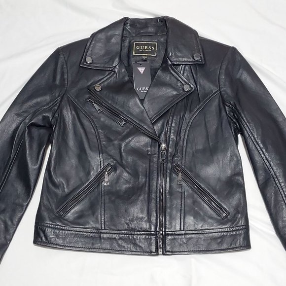 Guess - Cropped Venom Genuine Leather Moto Jacket in Black - New With Tags - Picture 1 of 15